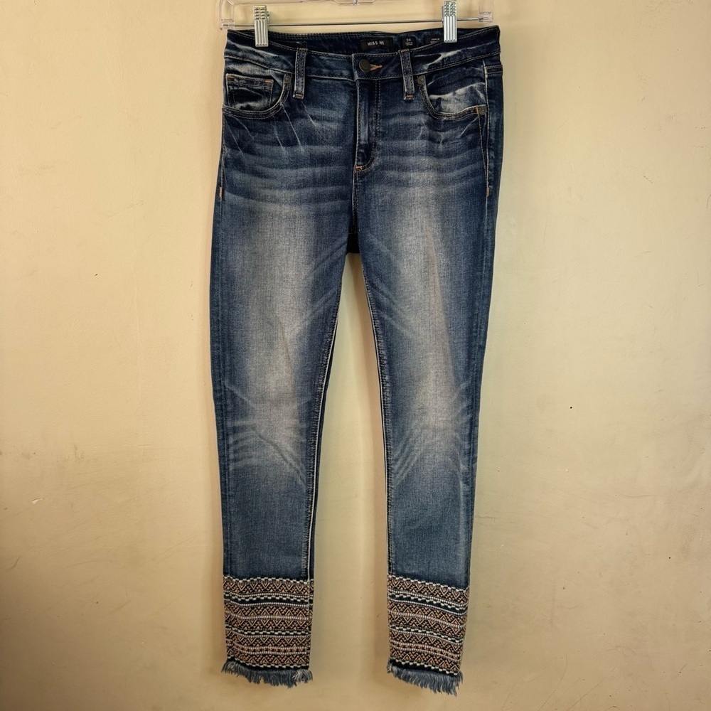 Miss Me Ankle Skinny Embroidered Hem Dark Wash Jean 26
